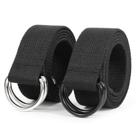 JASGOOD Men&Women Canvas Belt Web Fabric Casual Belt with Black Double D-ring 1 1/2" Wide Set of 2 (Black+Silver Black,Fit Waist Size 34''-39'')
