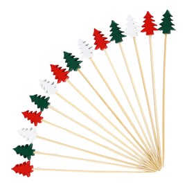 100 Pieces Christmas Cocktail Picks, Bamboo Toothpicks Cocktail Sticks, Wooden Cocktail Skewers with Christmas Tree Ornament for Drinks Fruit Dessert Food Appetizers Decoration