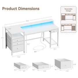 Furologee 60" White Office Computer Desk with 4 Drawers,Gaming Desk with LED Lights and Power Outlets,Long Desk with Fabric File Cabinet,Study Writing Work Table with Shelf for Bedroom Home Office