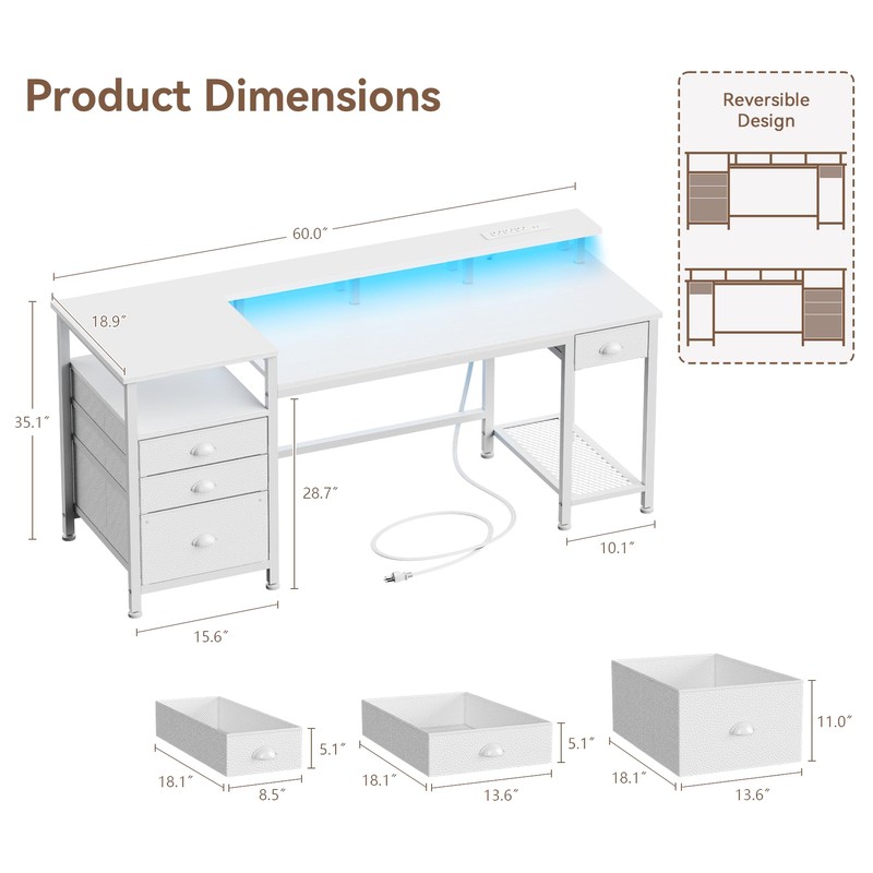 Furologee 60" White Office Computer Desk with 4 Drawers,Gaming Desk