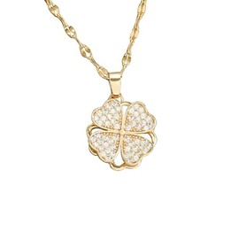 BOLFFU Four Leaf Clover Lucky Amulet 18K Plated Necklace,Clover Cubic Zircon Necklace For Women,360° Rotation