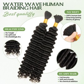 16 Inch Water Wave Braiding Hair 100g 2 Bundles No Weft Bohemian Curly Hair for Knotless Braids Brazilian Virgin Hair Natural Black (16In,1B)