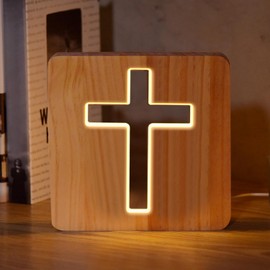 Lampeez Jesus Cross Wooden Lamp Novelty Night Light 3D Illusion lamp for Kids, Kids Decoration Lamp USB Power Bedroom Decor Xmas Holiday Christian Birthday Gifts for Boy Girl