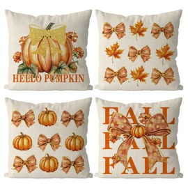 QIONG MENG Fall Pillow Covers 18x18 Inch Set of 4 Pumpkin Maple Leaves Bow Decorative Throw Pillow Cases Autumn Harvest Soft Pillowcase for Home Farmhouse Living Room Decor