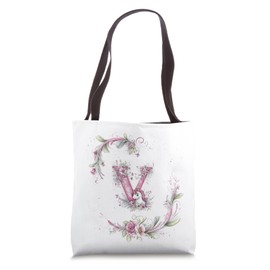 Floral Pink Monogrammed Letter V Initial Unicorn & Flowers Tote Bag