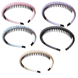 Meekest 5 Pack Braided Headbands for Women Head Bands for Women's Hair Wide Hairband Non slip Thin Headband with Teeth Twisted Boho Hair Accessories - White/Pink/Blue/Purple/Green