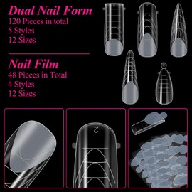 MELLIEX 120 Pieces Dual Nail Forms Set 5 Shapes Nail Extension Nail Gel Shapes Nail Shape Set with 48 Pieces Nail Stickers for UV Acrylic Nail Tool
