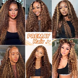 PREMAY 13x4 Highlight Ombre HD Lace Front Wig Human Hair 180% Density Honey Blonde Deep Wave Lace Front Wigs Human Hair Lace Front Wigs for Women P4/27 Colored Deep Curly Wave Lace Frontal Wigs (26inch)