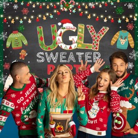 Avezano Ugly Sweater Party Backdrop Christmas Ugly Sweater Background for Photography Ugly Christmas Sweater Party Decorations (8x6ft)