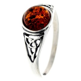 Silver Amber Jewellery - 925 Sterling Silver and Cognac Baltic Amber Round Celtic Designer Ring - UK Rng Size L - AR5CL