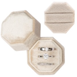 Giftop Equal Octagon Velvet Ring Box 2 Slots|3 Slots Storage Box for Wedding Ceremony Proposal Engagement Birthday (Beige)