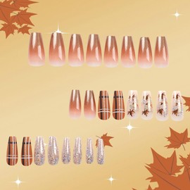 TBRZTR Thanksgiving Press on Nails Long Length Fall Maple Leaves False Nails with Glitter Powder Sequins Design Brown Gradient Coffin Nails Full Cover Acrylic Nails Reusable Glue on Nails for Women