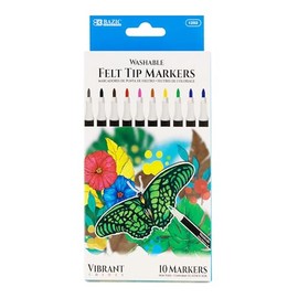 Bazic 1292 Felt Tip Washable Markers, Assorted Color - Set of 10