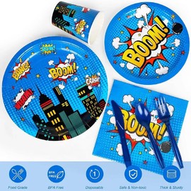 Hero Themed Party Decorations for 16 Guests, Super Hero Birthday Party Plates, Napkins, Cups, Cutlery & Tableware Set, Bold Comic Book Style for Boys & Girls, 112pcs
