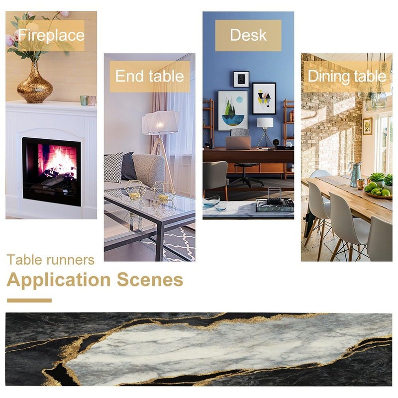 Marble Texture Table Runner Black Gold White Kitchen Dinner Runner