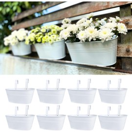 Maxona Metal Iron Hanging Flower Pots, 8 Pack, 11.8 Inch Oval White Railing Fence Hanging Bucket Pots Countryside Style Window Flower Plant Holder with Detachable Hooks Home Décor