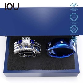 3pc Couples Wedding Ring Sets His And Hers Women Sterling Silve Blue Moissanite and men Wedding Bands Together With Jewelry Box