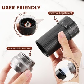 MB2 Manual Coffee Grinder with Carrying Case, External Adjustment, 35g Large Capacity Stainless Steel Burr Grinder, Magnetic Catch Cup, Good for Travel, Camping & Storage components, All-Round Grinder