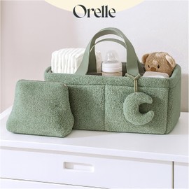 Orelle Sherpa Diaper Caddy Organizer with Matching Pouch | Portable Changing Table Organizer | Sage Green Diaper Caddy | Baby Shower Gifts | Baby Organizers and Storage | Boucle Baby Basket | Green