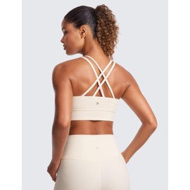 CRZ YOGA Womens Butterluxe Strappy Longline Sports Bra - Molded Cup Double Spaghetti Strap Workout Yoga Crop Top Athletic White Apricot Small