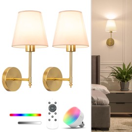 NIORSUN 14.5 inch Battery Operated Wall Sconce Set of 2,Gold Rechargeable Wall Lights with 5200mAh Dimmable Detachable Bulbs and Remote,9 Colors Wireless Sconces for Bedroom Living Room Hallway Decor