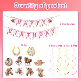 Horse Birthday Party Decorations Banner - 18 Pcs Western Party Decoration Including Happy Birthday Banners Garland Horse Racing Cowboy Hats Hanging Swirls for Last Rodeo Hen Supplies