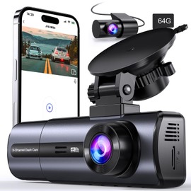 3 Channel 4K Dash Cam with 5GHz WiFi & APP Control, 4K/2.5K+1080P+1080P Front Inside and Rear, Triple Dash Camera with 64GB Card, G-Sensor, 24 Hours Parking Mode, Loop Recording, Night Vision