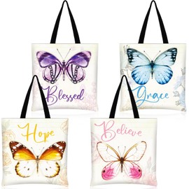 Aliceset 4 Pcs Christian Canvas Tote Bags for Women Flower Butterfly Aesthetic Shoulder Bags Inspiration Reusable Faith Bible Bag Christmas Christian Gifts for Teachers, Mom Beach Shopping, 4 Styles