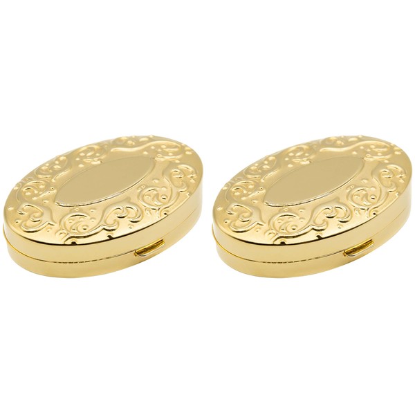 Set of 2 Oval-Shaped Pocket Purse Pill Box & Organizer with Dual Compartments (Gold Victorian)