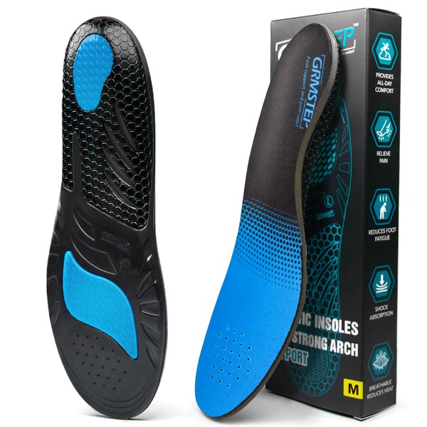 Plantar Fasciitis Insoles Arch Supports Orthotics Shoe Inserts for Foot Pain Relief, Flat Feet, High Arch, Work Boot Gel Insoles for Men & Women, Blue, M