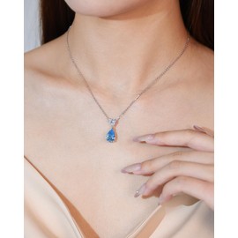 FANCIME Teardrop Aquamarine Pendant Necklace for Women, 925 Sterling Silver March Birthstone Necklace, Birthday Mother's Day Christmas Jewellery Gifts for Women Wife Mom