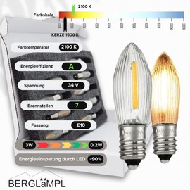 Berglicht Pack of 10 LED Filament 34 V / 0.2 W E10 Replacement Bulbs for Arcs with 7 Burning Points Halogen Warm White
