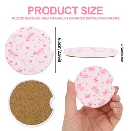 4pcs Pink Bow Car Coasters, Coquette Bow Cup Holder Coasters with Finger Notch Absorbent Cork Ceramic Cupholder Coaster for Car Women