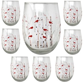 BANBERRY DESIGNS Cardinal Stemless Wine Glasses - Set of 8 - Cardinals Perched on White Birch Trees - Holidays - Christrmas - Everyday - 4 3/4" H with a 20 oz Capacity
