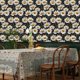 XRUIBZI Black Floral Peel and Stick Wallpaper Vintage Boho Leaf Contact Paper Daisy Flower Wall Mural Home Vinyl Waterproof Self Adhesive Removable Renter Friendly Wall Paper 17.5" x 118"