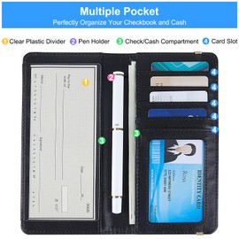 Checkbook Cover for Personal Checkbook, RFID Checkbook Register Cover with Pen Holder & Built-in Clear Plastic Divider for Duplicate Checks