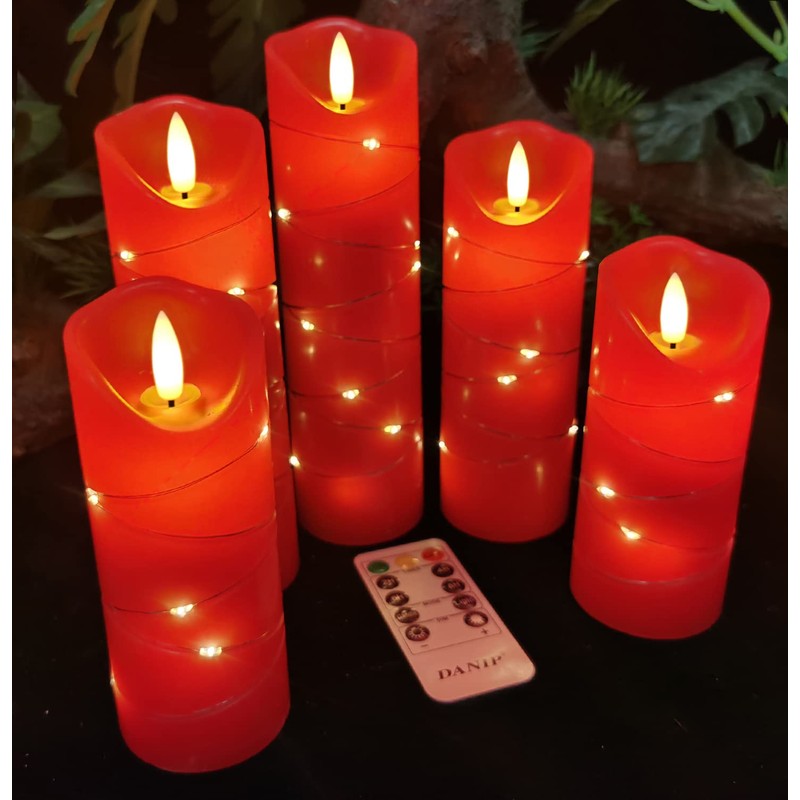 DANIP Red LED Flameless Candle with Embedded Star String, 5Piece