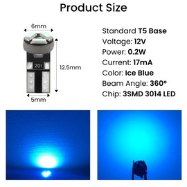 siweex T5 LED bulbs Blue 74 73 37 2721 Car Dashboard Instrument Panel Gauge Cluster Indicator Lights with 3/8" 9mm T5 Twist Lock Socket Wedge Base, Pack of 10 Sets