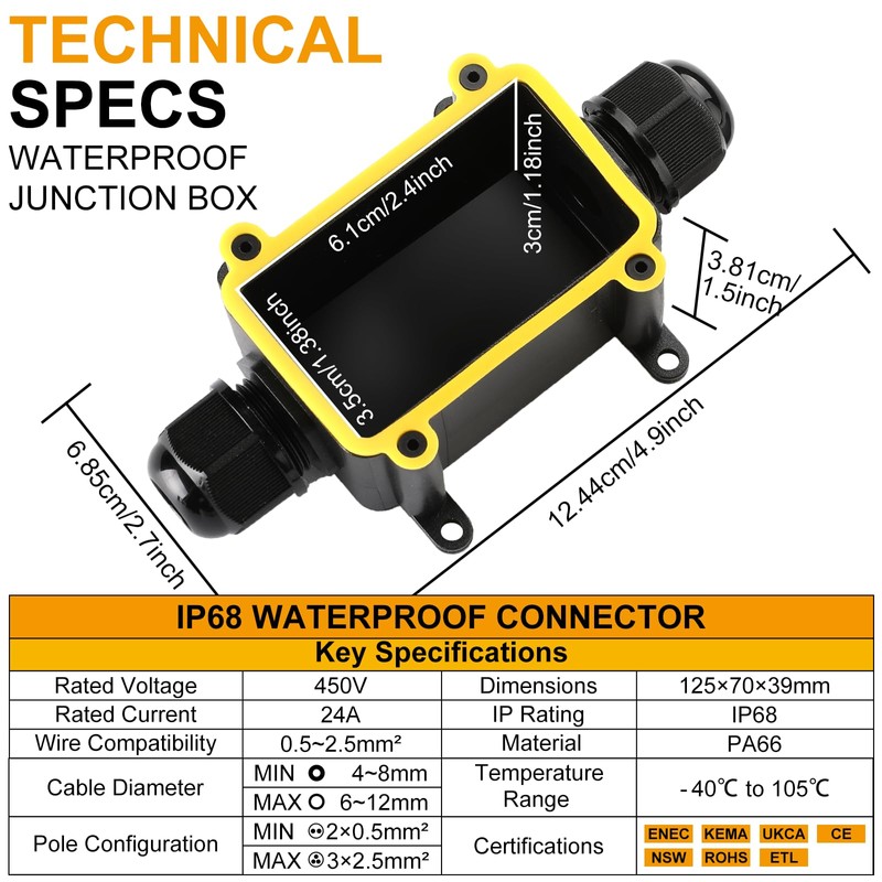 Tynoscco IP68 Waterproof Junction Box Outdoor Small 2Way Electrical Junction