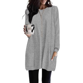 Poetsky Fall Long Sweaters for Women 2024 Cozy Tunic Tops to Wear with Leggings Plus Size Tops Grey XL