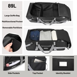 Foldable Duffle Bag for Travel with Wheels, 89L Large Duffle Bag for Travel Suitcase, Soft Duffle Bags with Hidden Backpack Straps, Duffle Bag for Men Women, Waterproof Duffel Bag for Gym and Outdoors