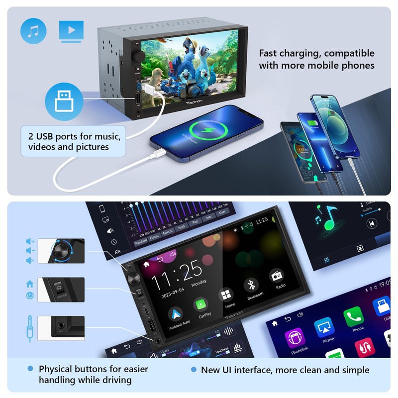 Eonon 7'' Double Din Car Stereo Wireless CarPlay & Wireless