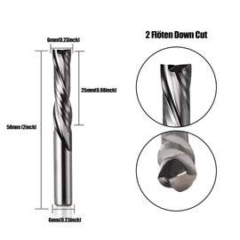 EU_HOZLY 6 mm Shank 2 Flutes Down Cut Million Milling Cutter CNC Milling Cutter End Mill 25 mm Cutting Length Spiral Cutter Wood Cutter Slot Cutter Wood Router Bit 2 Pieces (6 x 25 x 50 L)