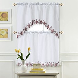 Marina Decoration Home Décor Privacy Drapery Light Filtering Rod Pocket Linen Look Lace Embroidered Kitchen Window Curtain Swag Valance and Tier Panel Set, Burgundy White Floral