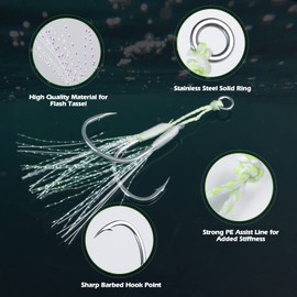 Goture Double Fishing Assist Hooks Silver Bucktail for Lead Vertical Jigging Lures Slow Jigging Fast Jigs, Pack of 5