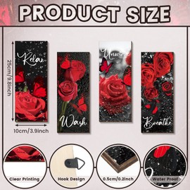 Tatuo Set of 4 Red Rose Bathroom Wall Decor Wooden Rose Bathroom Wall Art Breathe Wash Unwind Relax Living Room Signs Farmhouse Floral Rustic Wooden Plaque for Home Bedroom Decorations, 11 x 4 Inch