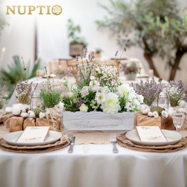 NUPTIO Flower Box Rectangle Centerpieces: 6 Pcs 11.8" Long Wood Vase Boxes Small Rustic Washed White Centerpiece Box for Wedding Tables Fall Decor