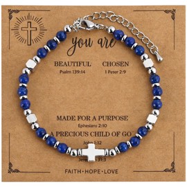 VIBILIA Beaded Bracelets for Women, Inspirational Natural Gemstone Royal Blue Cross Bracelet for Women, Christian Gifts for Mom, Daughter, Wife, Sister, Coworker, Friend on Birthday Christmas Easter