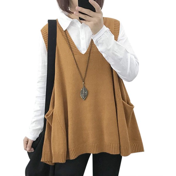 YESNO Women Loose Swing Chunky Cotton Sweater Vests Oversized Knit Pullovers Tops with Cute Drop Pockets XL WM9 Camel
