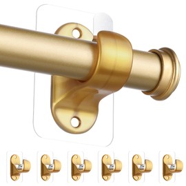 ANDGOO 6 Pack Curtain Rod Brackets No Drilling, Gold Curtain Hooks Self Adhesive Curtains Rod Holders, Heavy Duty No Screw Stick on Wall for Bedroom, Bathroom, Livingroom, Kitchen, Hold up to 13lbs